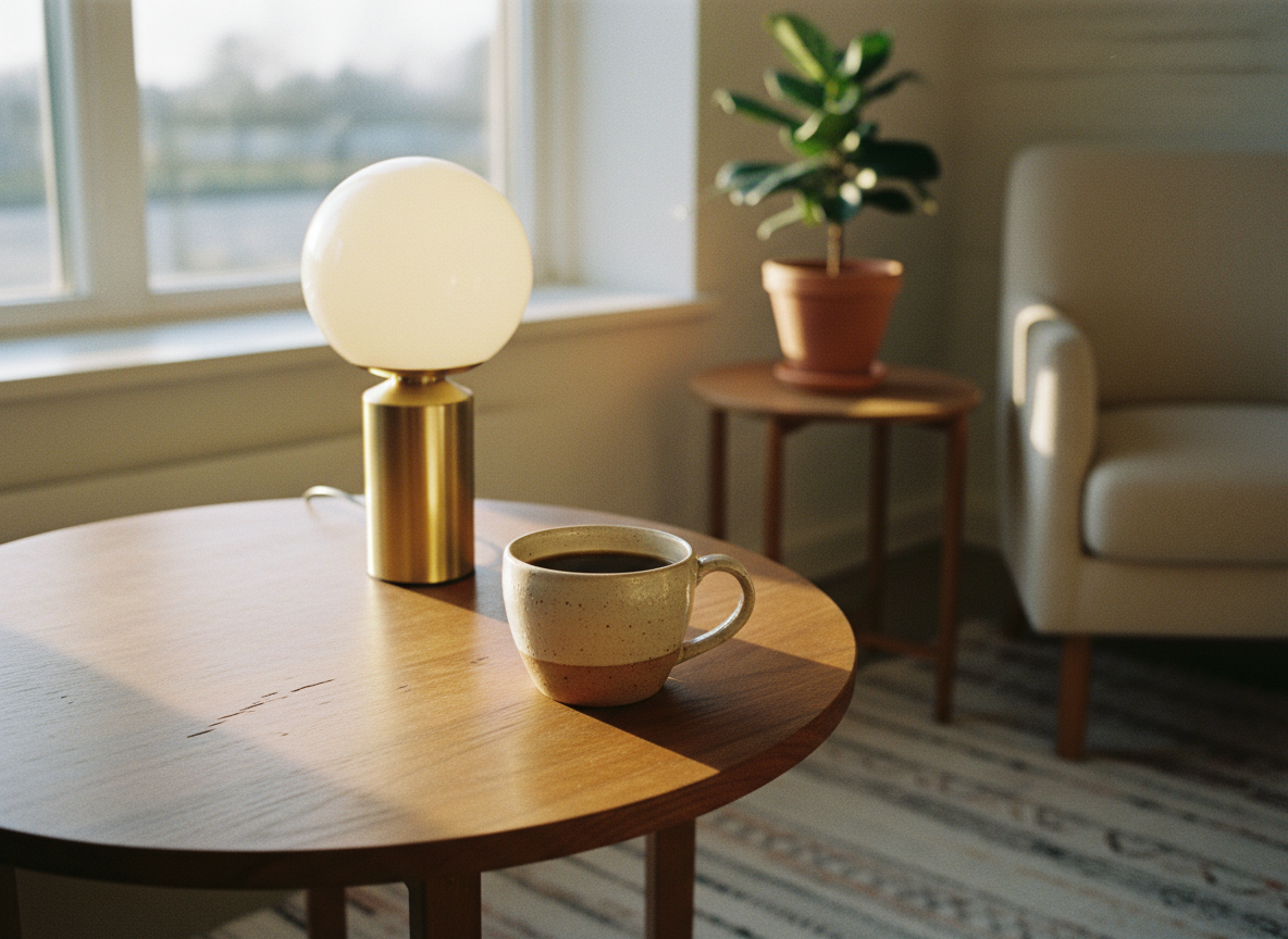 Gezellige Scandinavische koffiehoek met keramische kop op een vintage teakhouten tafel