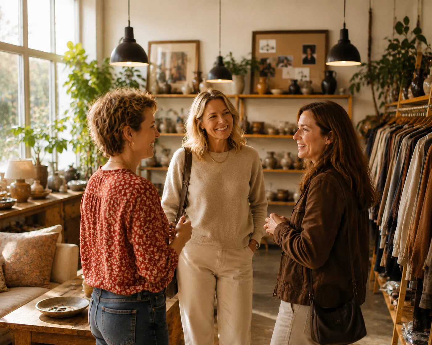 Uitnodigend vintage conceptwinkelinterieur met houten rekken en met zorg geselecteerde objecten in warm licht