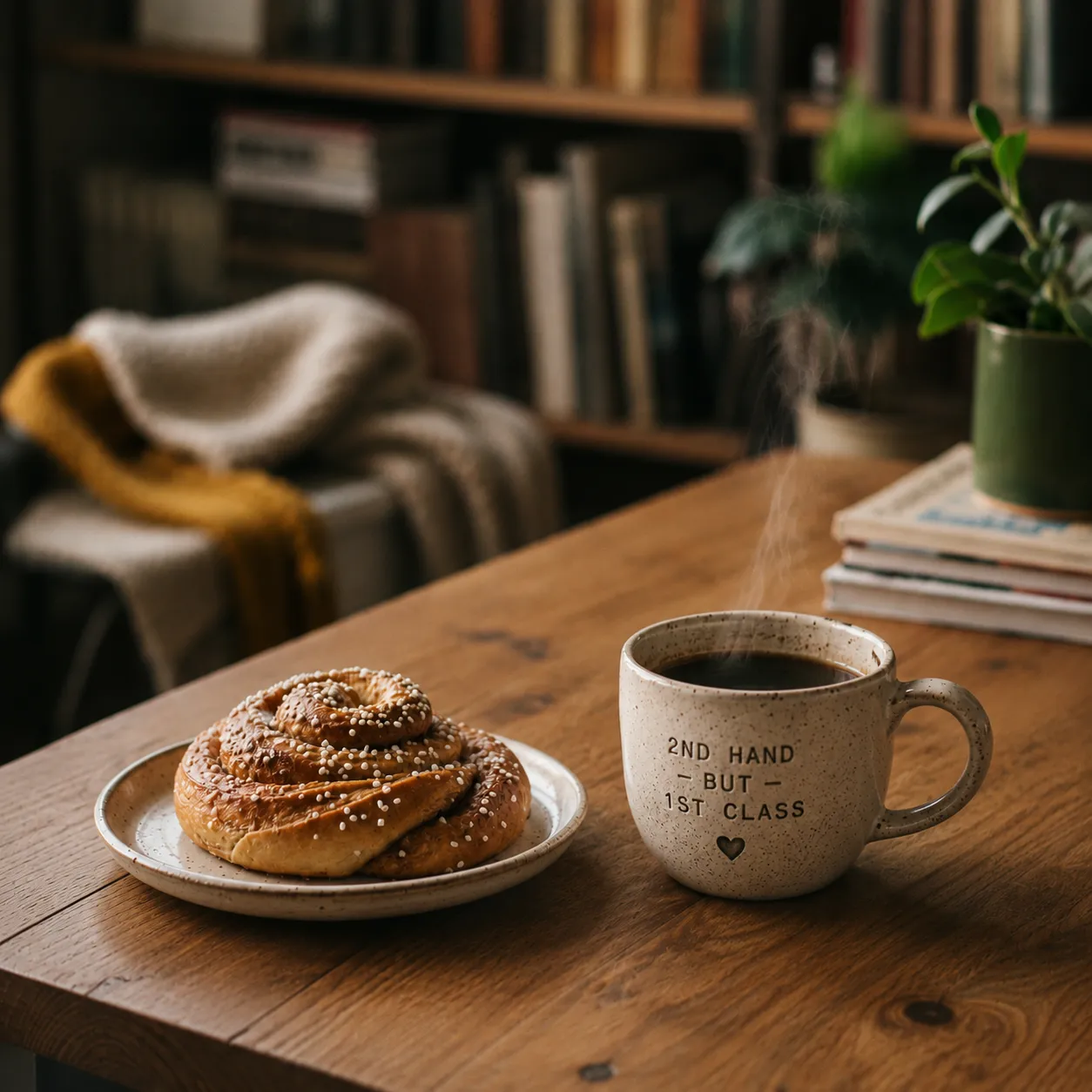Verse kanelbulle en een keramische kop koffie op een vintage houten tafel in de Loppe fika-hoek