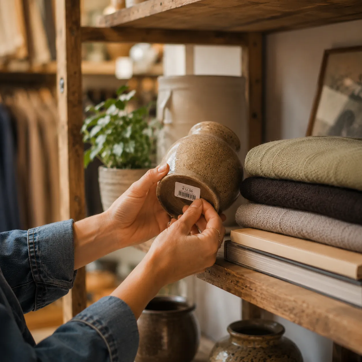 Verhuurder richt een houten rek in bij Loppe met tweedehands items