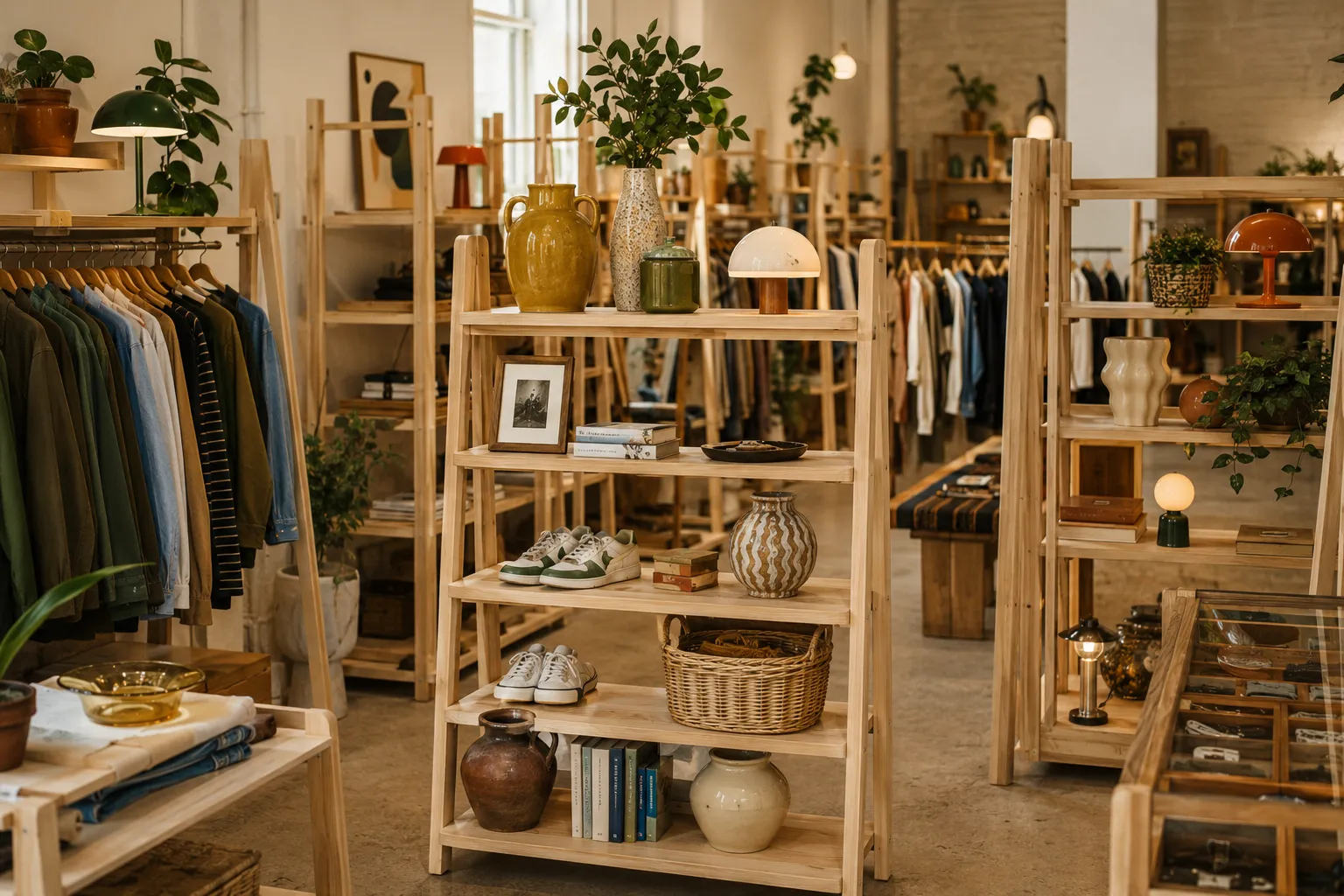 Houten displayrek in een warme Scandinavische tweedehands winkel vol vintage objecten en decoratie