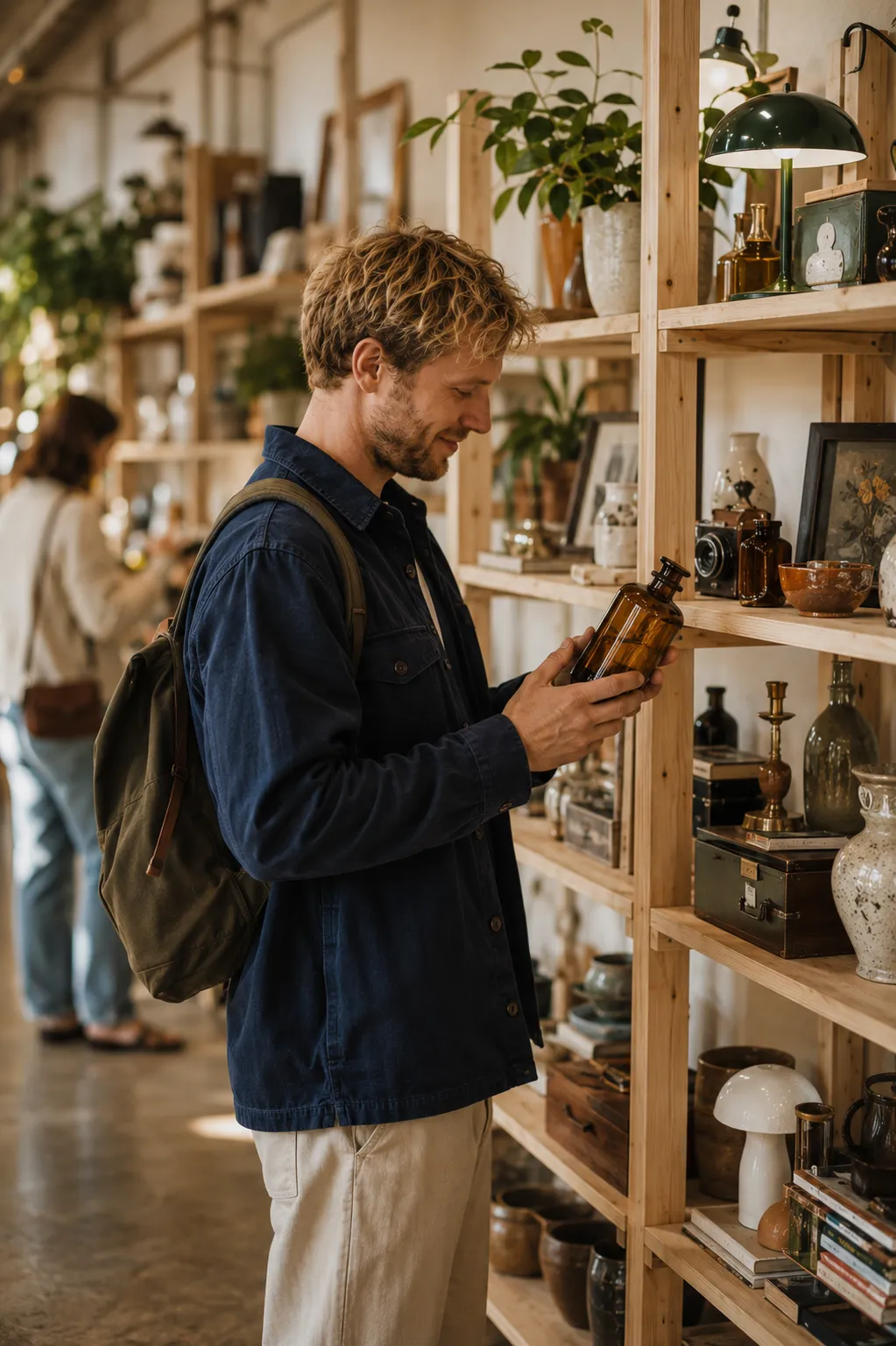 Warme Scandinavische vintage winkelinterieur met houten rekken vol met zorg geselecteerde vintage objecten